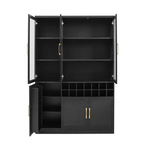 English Elm 70.87 Inch Tall Glass Door Wine Bar Cabinet with Rack and Gold Handles Modern Home Black+Gold 47.24 L x 15.75 W x 70.87 H N752S000072B