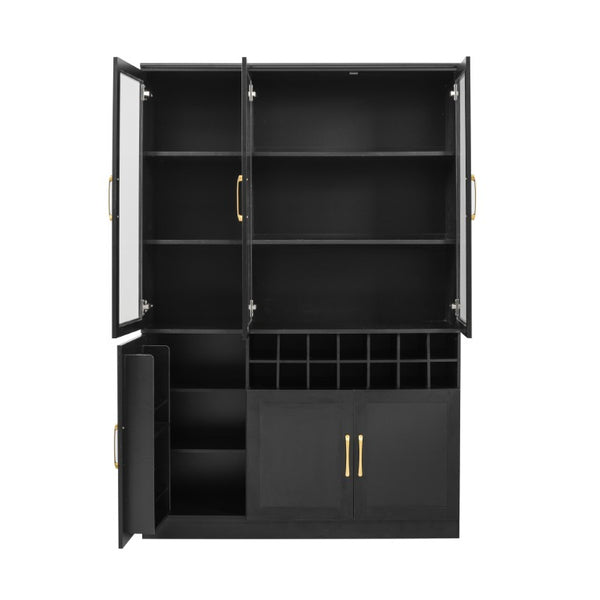 English Elm 70.87 Inch Tall Glass Door Wine Bar Cabinet with Rack and Gold Handles Modern Home Black+Gold 47.24 L x 15.75 W x 70.87 H N752S000072B