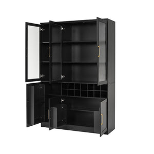 English Elm 70.87 Inch Tall Glass Door Wine Bar Cabinet with Rack and Gold Handles Modern Home Black+Gold 47.24 L x 15.75 W x 70.87 H N752S000072B