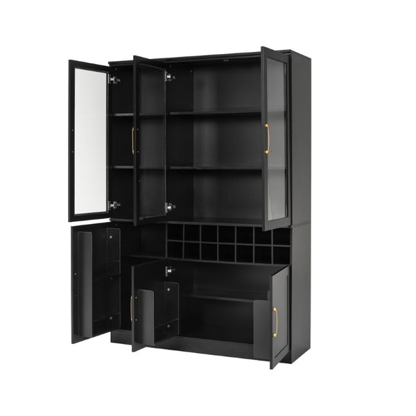 English Elm 70.87 Inch Tall Glass Door Wine Bar Cabinet with Rack and Gold Handles Modern Home Black+Gold 47.24 L x 15.75 W x 70.87 H N752S000072B