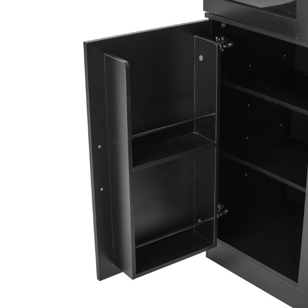 English Elm 70.87 Inch Tall Glass Door Wine Bar Cabinet with Rack and Gold Handles Modern Home Black+Gold 47.24 L x 15.75 W x 70.87 H N752S000072B