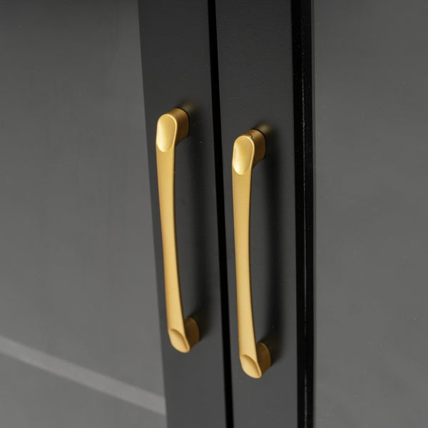 English Elm 70.87 Inch Tall Glass Door Wine Bar Cabinet with Rack and Gold Handles Modern Home Black+Gold 47.24 L x 15.75 W x 70.87 H N752S000072B