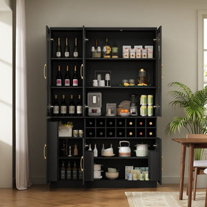 English Elm 70.87 Inch Tall Glass Door Wine Bar Cabinet with Rack and Gold Handles Modern Home Black+Gold 47.24 L x 15.75 W x 70.87 H N752S000072B