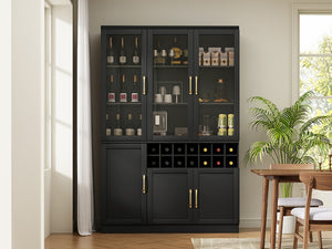 English Elm 70.87 Inch Tall Glass Door Wine Bar Cabinet with Rack and Gold Handles Modern Home Black+Gold 47.24 L x 15.75 W x 70.87 H N752S000072B