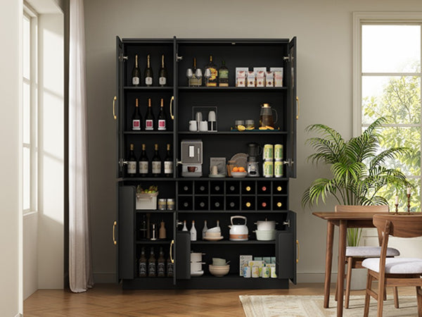English Elm 70.87 Inch Tall Glass Door Wine Bar Cabinet with Rack and Gold Handles Modern Home Black+Gold 47.24 L x 15.75 W x 70.87 H N752S000072B
