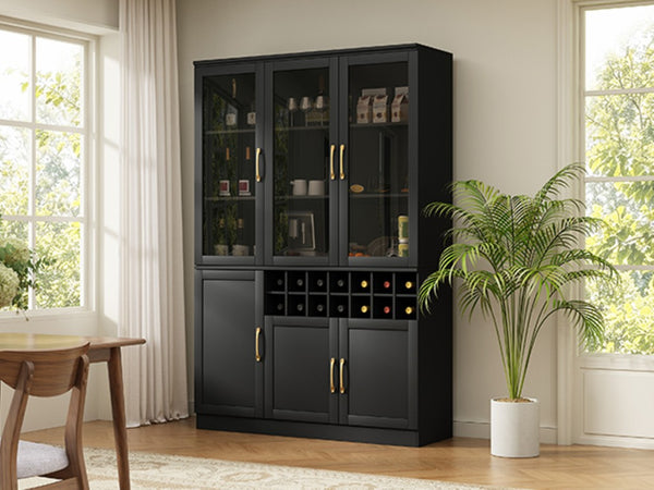 English Elm 70.87 Inch Tall Glass Door Wine Bar Cabinet with Rack and Gold Handles Modern Home Black+Gold 47.24 L x 15.75 W x 70.87 H N752S000072B