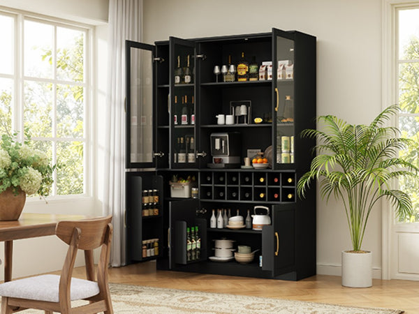 English Elm 70.87 Inch Tall Glass Door Wine Bar Cabinet with Rack and Gold Handles Modern Home Black+Gold 47.24 L x 15.75 W x 70.87 H N752S000072B