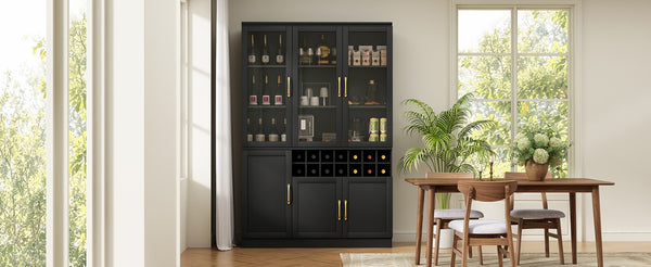 English Elm 70.87 Inch Tall Glass Door Wine Bar Cabinet with Rack and Gold Handles Modern Home Black+Gold 47.24 L x 15.75 W x 70.87 H N752S000072B