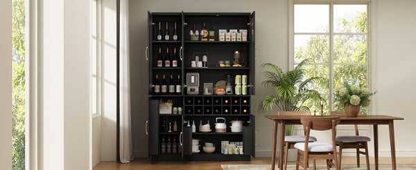 English Elm 70.87 Inch Tall Glass Door Wine Bar Cabinet with Rack and Gold Handles Modern Home Black+Gold 47.24 L x 15.75 W x 70.87 H N752S000072B