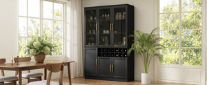 English Elm 70.87 Inch Tall Glass Door Wine Bar Cabinet with Rack and Gold Handles Modern Home Black+Gold 47.24 L x 15.75 W x 70.87 H N752S000072B