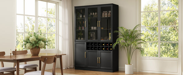 English Elm 70.87 Inch Tall Glass Door Wine Bar Cabinet with Rack and Gold Handles Modern Home Black+Gold 47.24 L x 15.75 W x 70.87 H N752S000072B