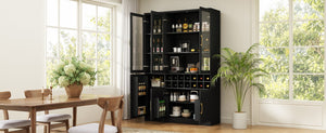 English Elm 70.87 Inch Tall Glass Door Wine Bar Cabinet with Rack and Gold Handles Modern Home Black+Gold 47.24 L x 15.75 W x 70.87 H N752S000072B