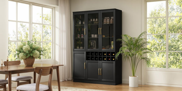 English Elm 70.87 Inch Tall Glass Door Wine Bar Cabinet with Rack and Gold Handles Modern Home Black+Gold 47.24 L x 15.75 W x 70.87 H N752S000072B