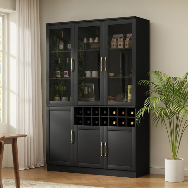 English Elm 70.87 Inch Tall Glass Door Wine Bar Cabinet with Rack and Gold Handles Modern Home Black+Gold 47.24 L x 15.75 W x 70.87 H N752S000072B