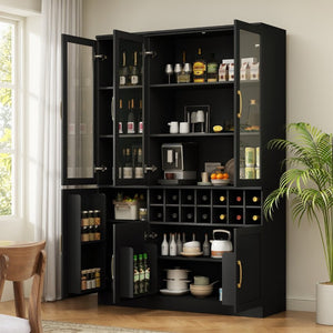 English Elm 70.87 Inch Tall Glass Door Wine Bar Cabinet with Rack and Gold Handles Modern Home Black+Gold 47.24 L x 15.75 W x 70.87 H N752S000072B