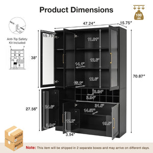 English Elm 70.87 Inch Tall Glass Door Wine Bar Cabinet with Rack and Gold Handles Modern Home Black+Gold 47.24 L x 15.75 W x 70.87 H N752S000072B