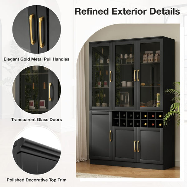 English Elm 70.87 Inch Tall Glass Door Wine Bar Cabinet with Rack and Gold Handles Modern Home Black+Gold 47.24 L x 15.75 W x 70.87 H N752S000072B