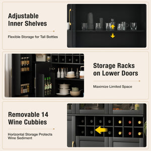 English Elm 70.87 Inch Tall Glass Door Wine Bar Cabinet with Rack and Gold Handles Modern Home Black+Gold 47.24 L x 15.75 W x 70.87 H N752S000072B