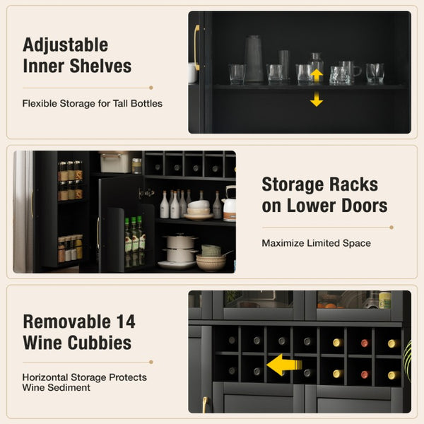 English Elm 70.87 Inch Tall Glass Door Wine Bar Cabinet with Rack and Gold Handles Modern Home Black+Gold 47.24 L x 15.75 W x 70.87 H N752S000072B