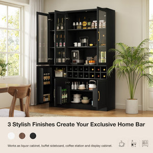 English Elm 70.87 Inch Tall Glass Door Wine Bar Cabinet with Rack and Gold Handles Modern Home Black+Gold 47.24 L x 15.75 W x 70.87 H N752S000072B