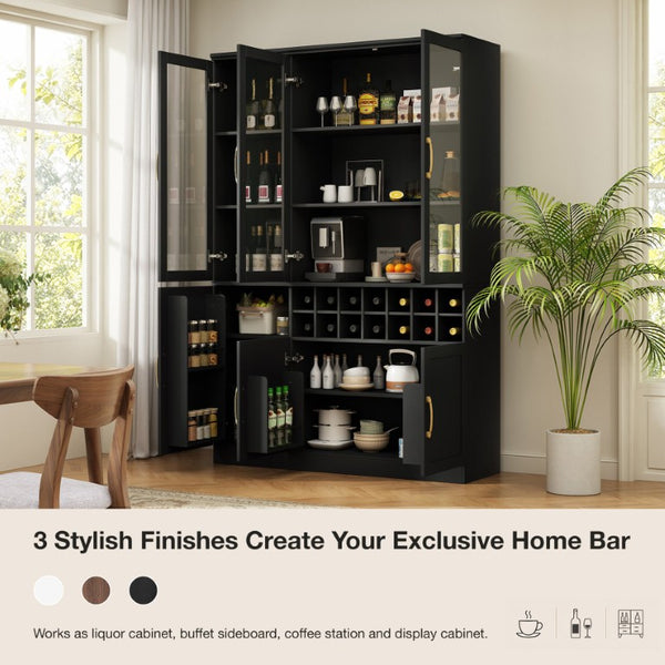 English Elm 70.87 Inch Tall Glass Door Wine Bar Cabinet with Rack and Gold Handles Modern Home Black+Gold 47.24 L x 15.75 W x 70.87 H N752S000072B