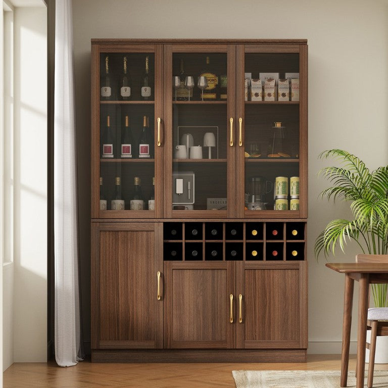 English Elm Wine Cabinet Farmhouse Drop Leaf Top RGB Lighting Glass Doors Dining Room Bar Walnut, Gold 47.24 x 15.75 x 70.87 inches N752S000072N