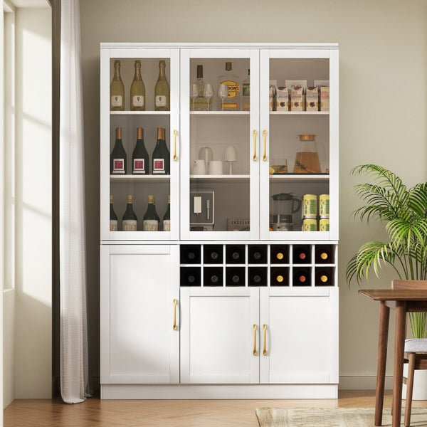 English Elm 70.87 Inch Tall Glass Door Bar Cabinet with Wine Rack and Gold Handles for Dining Rooms N752S000072W