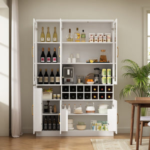 English Elm 70.87 Inch Tall Glass Door Bar Cabinet with Wine Rack and Gold Handles for Dining Rooms N752S000072W