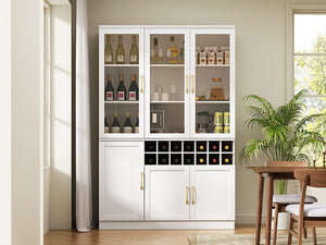 English Elm 70.87 Inch Tall Glass Door Bar Cabinet with Wine Rack and Gold Handles for Dining Rooms N752S000072W