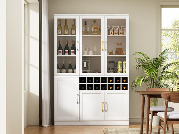 English Elm 70.87 Inch Tall Glass Door Bar Cabinet with Wine Rack and Gold Handles for Dining Rooms N752S000072W