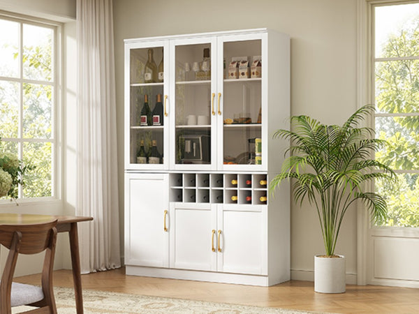 English Elm 70.87 Inch Tall Glass Door Bar Cabinet with Wine Rack and Gold Handles for Dining Rooms N752S000072W