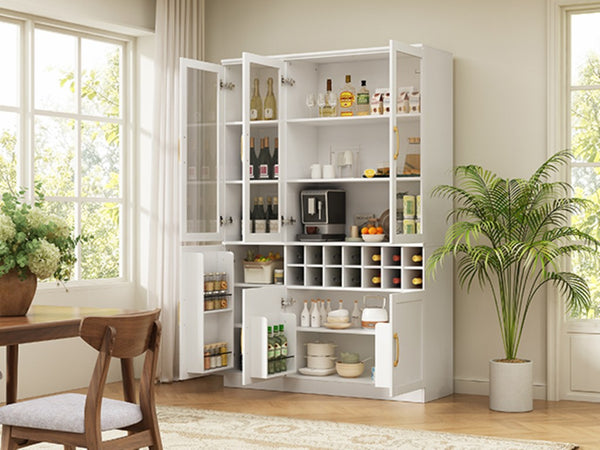 English Elm 70.87 Inch Tall Glass Door Bar Cabinet with Wine Rack and Gold Handles for Dining Rooms N752S000072W