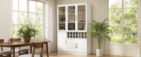 English Elm 70.87 Inch Tall Glass Door Bar Cabinet with Wine Rack and Gold Handles for Dining Rooms N752S000072W