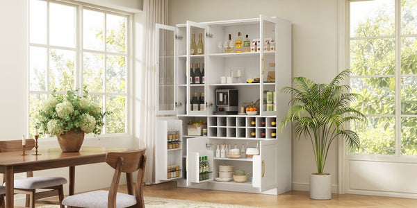 English Elm 70.87 Inch Tall Glass Door Bar Cabinet with Wine Rack and Gold Handles for Dining Rooms N752S000072W