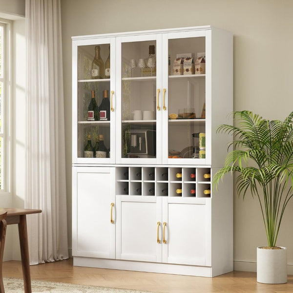 English Elm 70.87 Inch Tall Glass Door Bar Cabinet with Wine Rack and Gold Handles for Dining Rooms N752S000072W