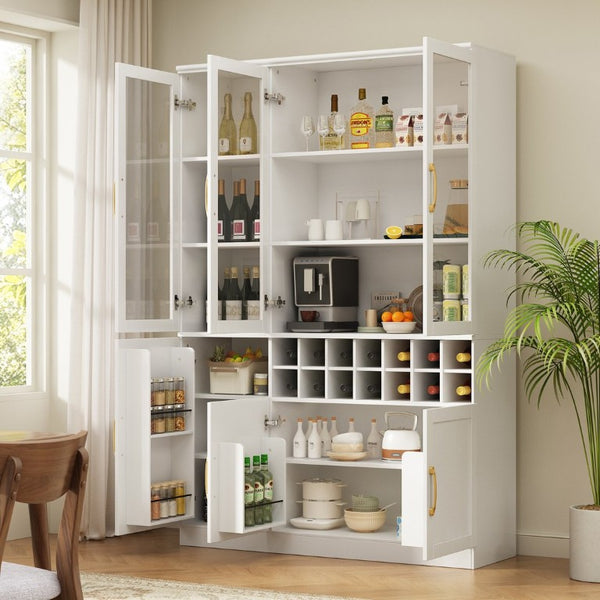 English Elm 70.87 Inch Tall Glass Door Bar Cabinet with Wine Rack and Gold Handles for Dining Rooms N752S000072W