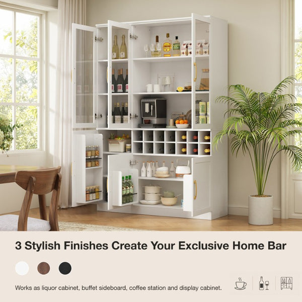 English Elm 70.87 Inch Tall Glass Door Bar Cabinet with Wine Rack and Gold Handles for Dining Rooms N752S000072W