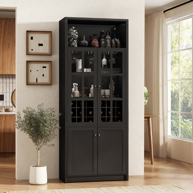 English Elm 78.7 Inch Tall Black Bar Cabinet with Stemware Rack and 18 Bottle Wine Grid Storage N752S000074B