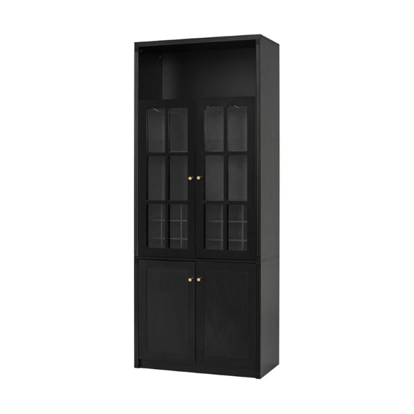 English Elm 78.7 Inch Tall Black Bar Cabinet with Stemware Rack and 18 Bottle Wine Grid Storage N752S000074B