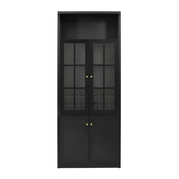 English Elm 78.7 Inch Tall Black Bar Cabinet with Stemware Rack and 18 Bottle Wine Grid Storage N752S000074B