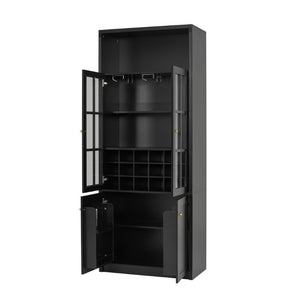English Elm 78.7 Inch Tall Black Bar Cabinet with Stemware Rack and 18 Bottle Wine Grid Storage N752S000074B