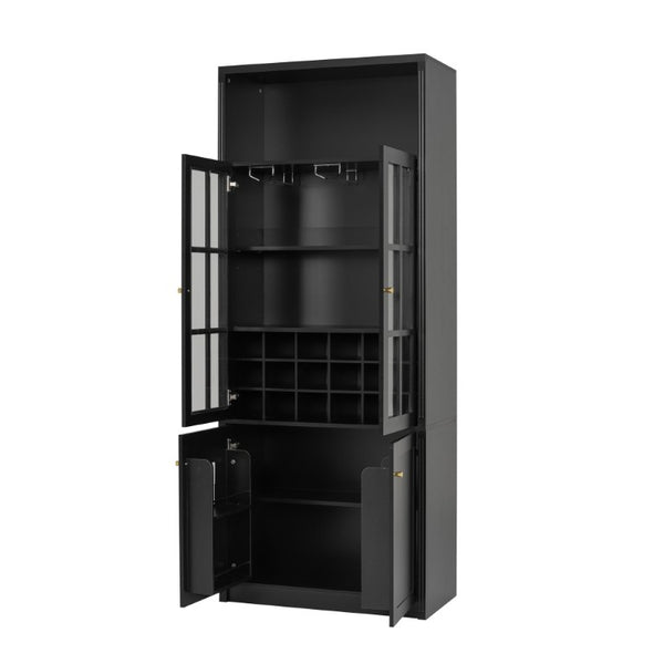 English Elm 78.7 Inch Tall Black Bar Cabinet with Stemware Rack and 18 Bottle Wine Grid Storage N752S000074B