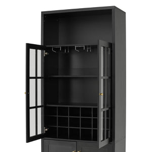 English Elm 78.7 Inch Tall Black Bar Cabinet with Stemware Rack and 18 Bottle Wine Grid Storage N752S000074B