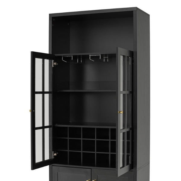 English Elm 78.7 Inch Tall Black Bar Cabinet with Stemware Rack and 18 Bottle Wine Grid Storage N752S000074B