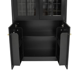 English Elm 78.7 Inch Tall Black Bar Cabinet with Stemware Rack and 18 Bottle Wine Grid Storage N752S000074B