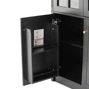 English Elm 78.7 Inch Tall Black Bar Cabinet with Stemware Rack and 18 Bottle Wine Grid Storage N752S000074B