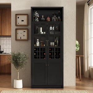 English Elm 78.7 Inch Tall Black Bar Cabinet with Stemware Rack and 18 Bottle Wine Grid Storage N752S000074B
