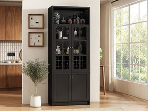 English Elm 78.7 Inch Tall Black Bar Cabinet with Stemware Rack and 18 Bottle Wine Grid Storage N752S000074B