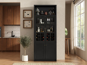 English Elm 78.7 Inch Tall Black Bar Cabinet with Stemware Rack and 18 Bottle Wine Grid Storage N752S000074B