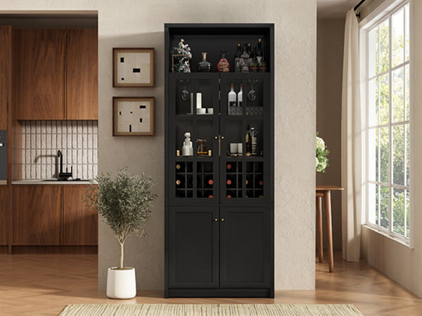 English Elm 78.7 Inch Tall Black Bar Cabinet with Stemware Rack and 18 Bottle Wine Grid Storage N752S000074B